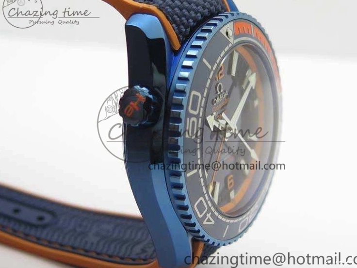 0818 FreshLook Planet Ocean 45mm GMT Blue DLC Black OMF Best Edition Blue Dial On Blue Gummy Strap A 8123